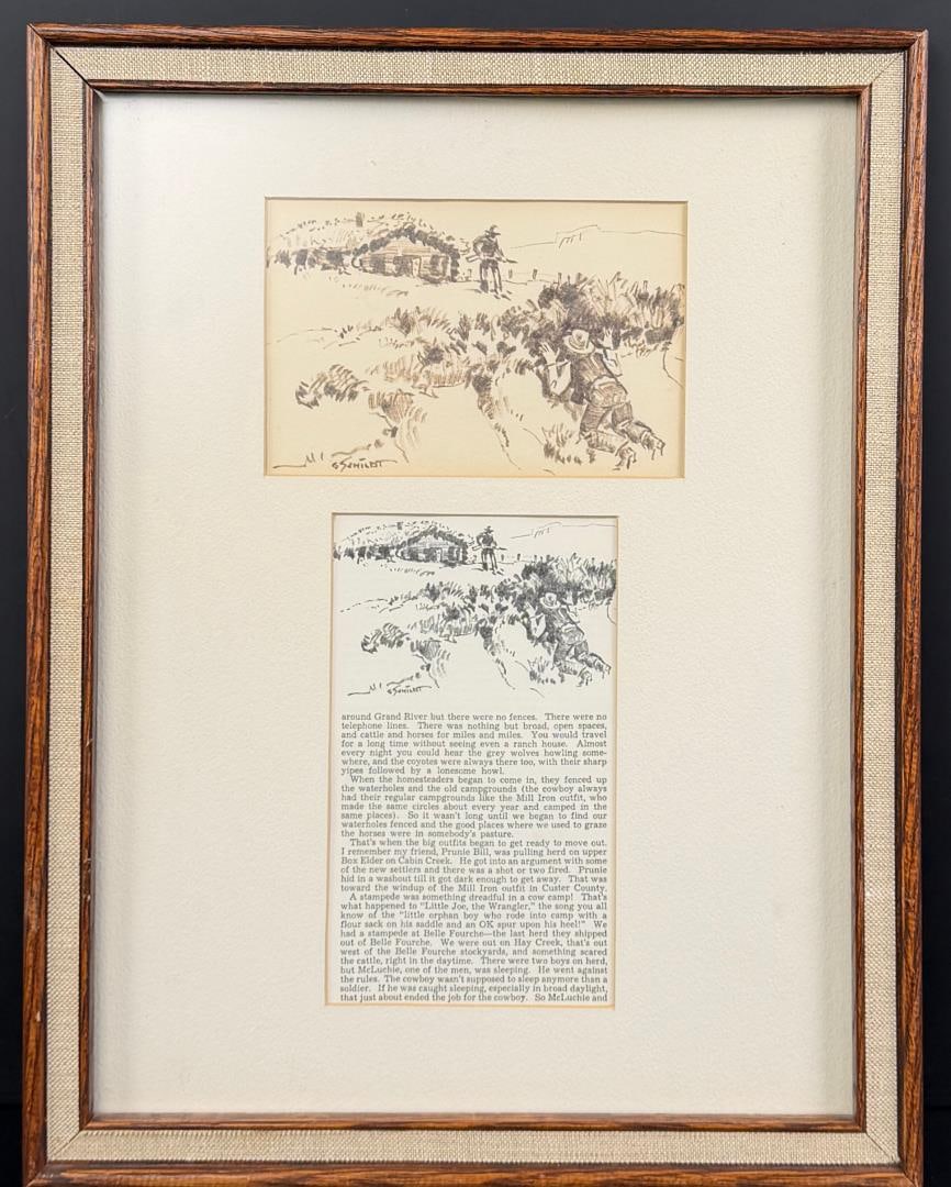Gary Schildt Drawing for The Big North: Title is Drawing as Illustrated in The Big North by J.B. Armstrong. 4" by 6" unframed. 13 1/2" by 17 1/2" framed. Pen and Ink on Paper. Gary Joseph (Lone Bull) Schildt (Born 1938) is active/lives in O