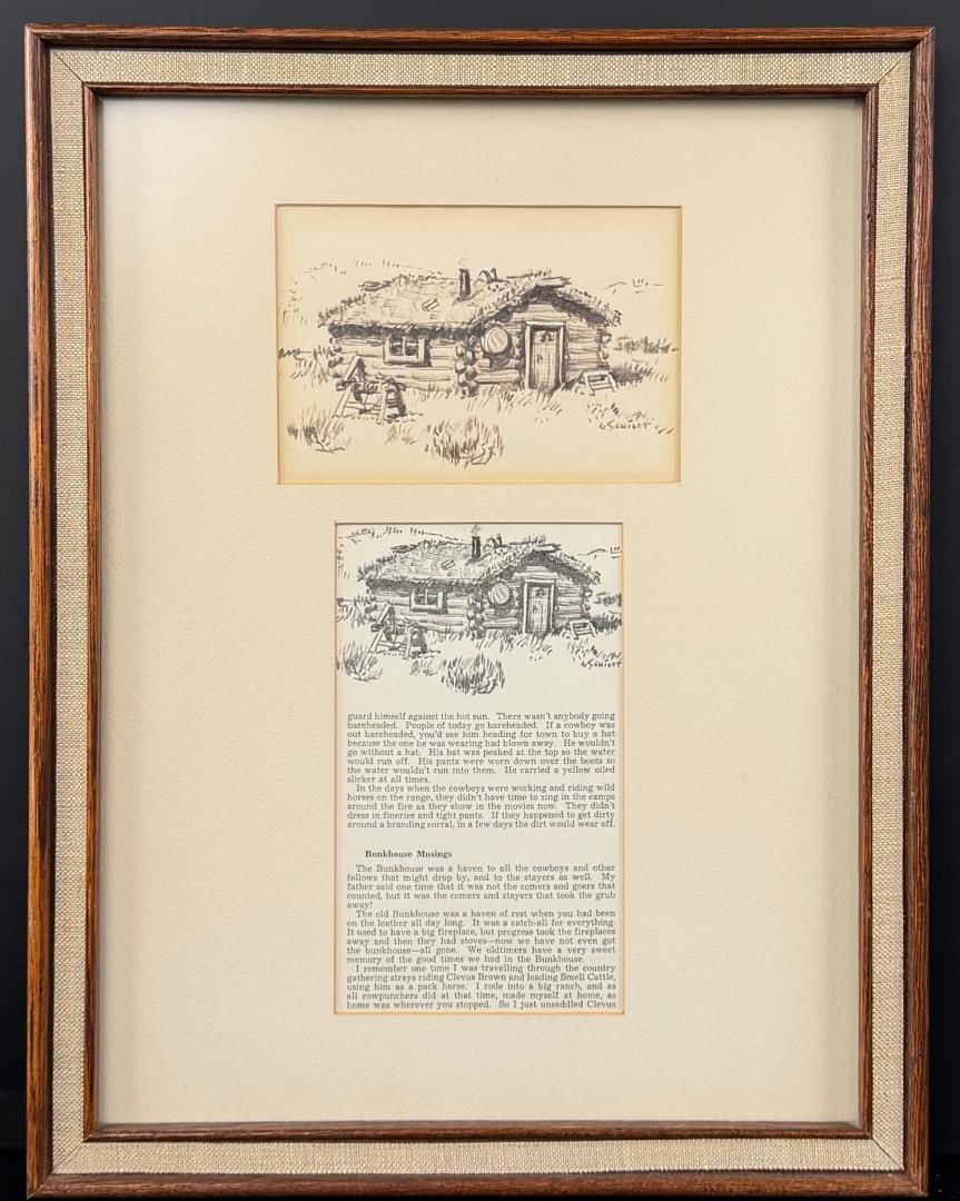 Gary Schildt Drawing for The Big North: Title is Drawing as Illustrated in The Big North by J.B. Armstrong. 4" by 6" unframed. 13 1/2" by 17 1/2" framed. Pen and Ink on Paper. Gary Joseph (Lone Bull) Schildt (Born 1938) is active/lives in O