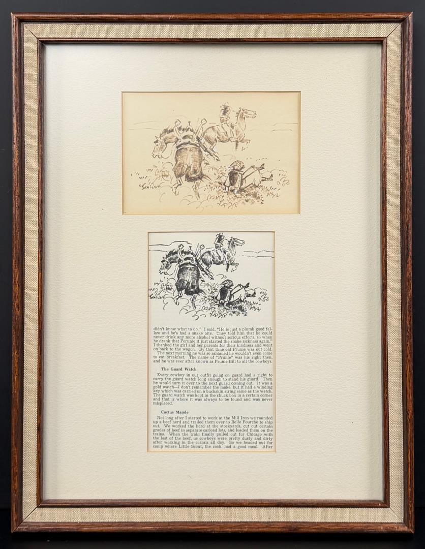 Gary Schildt Drawing for The Big North: Title is Drawing as Illustrated in The Big North by J.B. Armstrong. 4" by 6" unframed. 13 1/2" by 17 1/2" framed. Pen and Ink on Paper. Gary Joseph (Lone Bull) Schildt (Born 1938) is active/lives in O