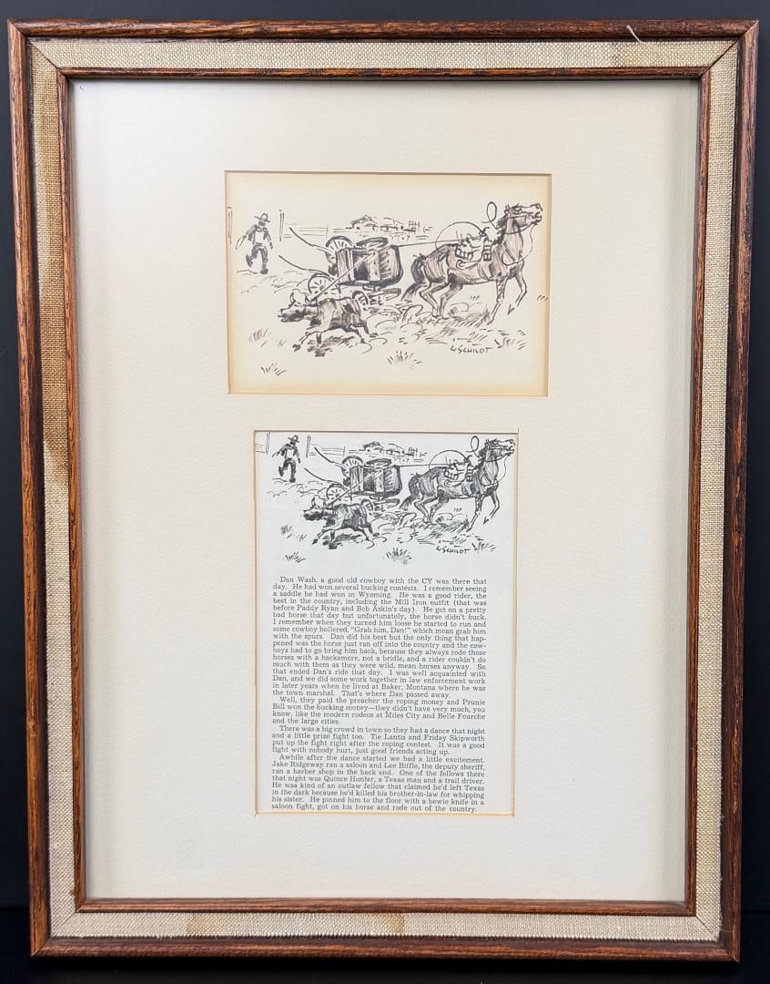 Gary Schildt Drawing for The Big North: Title is Drawing as Illustrated in The Big North by J.B. Armstrong. 4" by 6" unframed. 13 1/2" by 17 1/2" framed. Pen and Ink on Paper. Gary Joseph (Lone Bull) Schildt (Born 1938) is active/lives in O