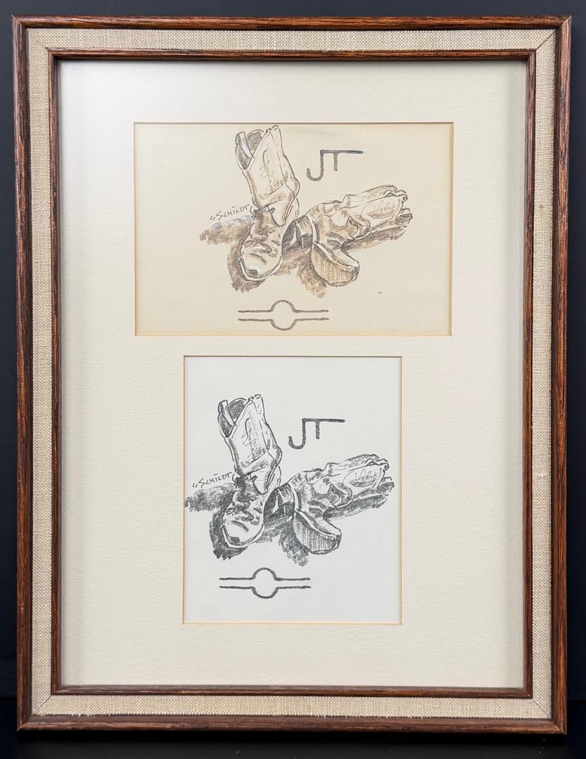 Gary Schildt Drawing for The Big North: Title is Drawing as Illustrated in The Big North by J.B. Armstrong. 5" by 7 1/2" unframed. 13 1/2" by 17 1/2" framed. Pen and Ink on Paper. Gary Joseph (Lone Bull) Schildt (Born 1938) is active/lives 