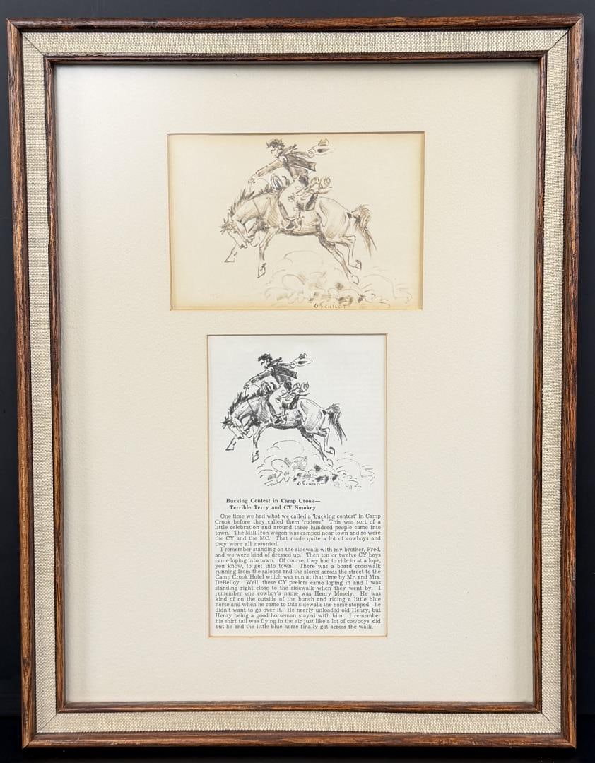 Gary Schildt Drawing for The Big North: Title is Drawing as Illustrated in The Big North by J.B. Armstrong. 4" by 6" unframed. 13 1/2" by 17 1/2" framed. Pen and Ink on Paper. Gary Joseph (Lone Bull) Schildt (Born 1938) is active/lives in O
