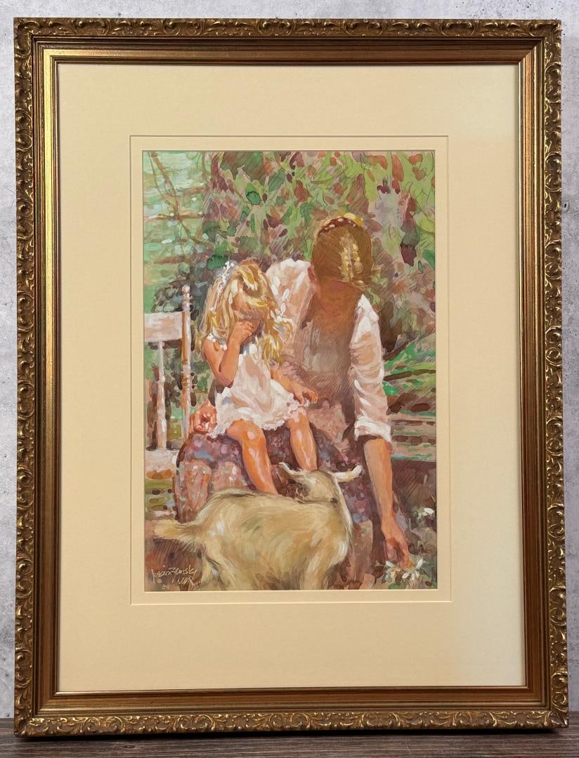 Jessica Zemsky Rene and the Kids Painting: Title is Rene and the Kids. 12" by 19" unframed. 22" by 28 1/2" framed. Gouache on Board. Jessica Zemsky (Born 1923) is active/lives in Montana. Jessica Zemsky is known for Genre-portrait, children, s