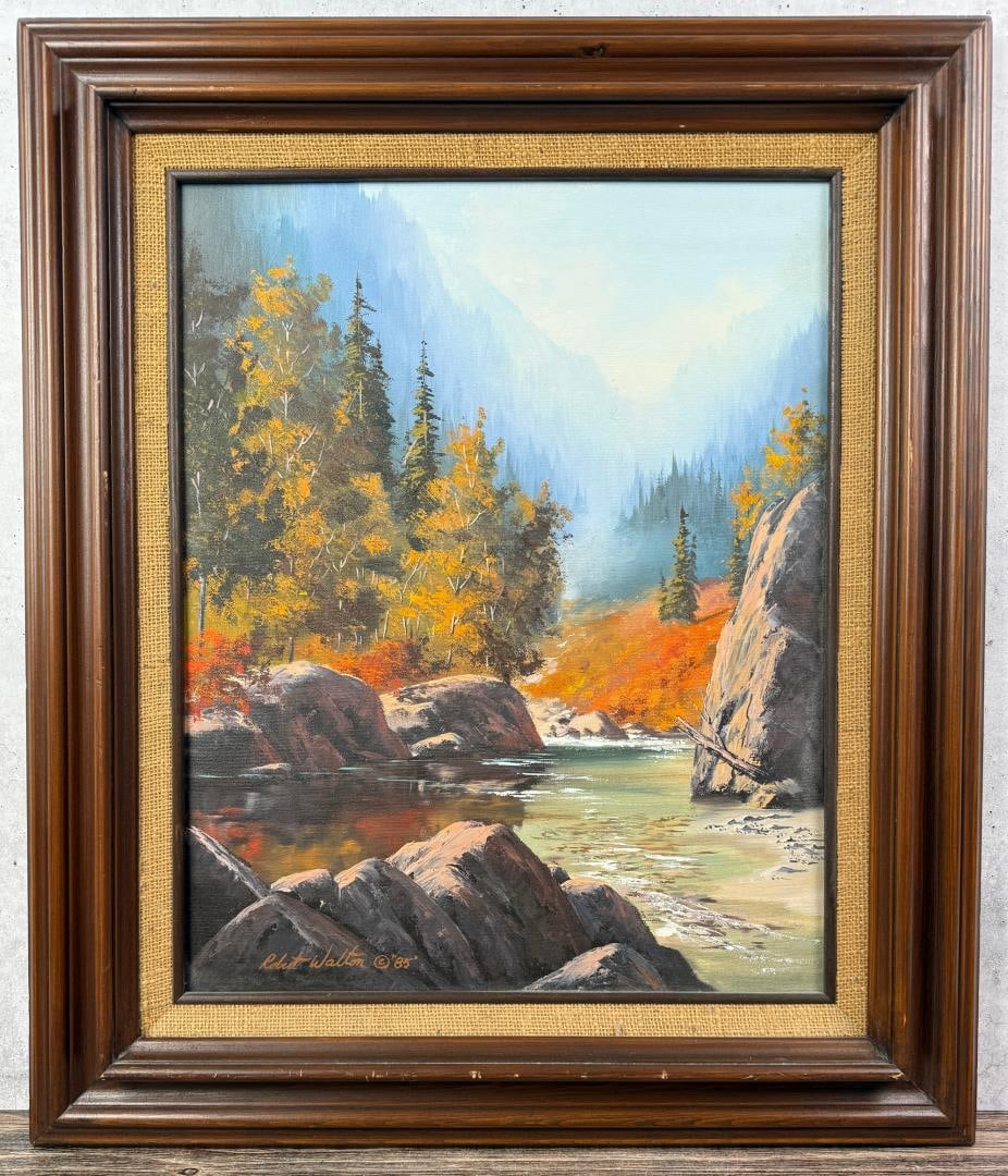Robert Walton Fall River Painting: Title is Fall River. 16" by 20" unframed. 23" by 27 1/2" framed. Oil on Canvas. Robert Walton (1934 - 2019) was active/lived in Washington. Robert Walton is known for Mountain landscape paintings, mur