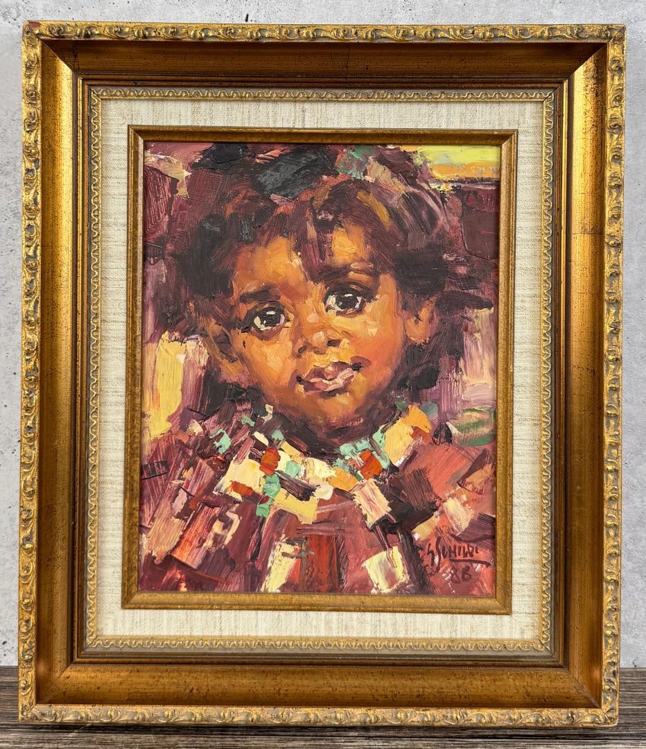 Gary Schildt Indian Child Painting: Title is Indian Child. 8" by 10" unframed. 12 1/2" by 14 1/2" framed. Oil on Board. Gary Joseph (Lone Bull) Schildt (Born 1938) is active/lives in Oregon, Montana. Gary Schildt is known for Portrait, 