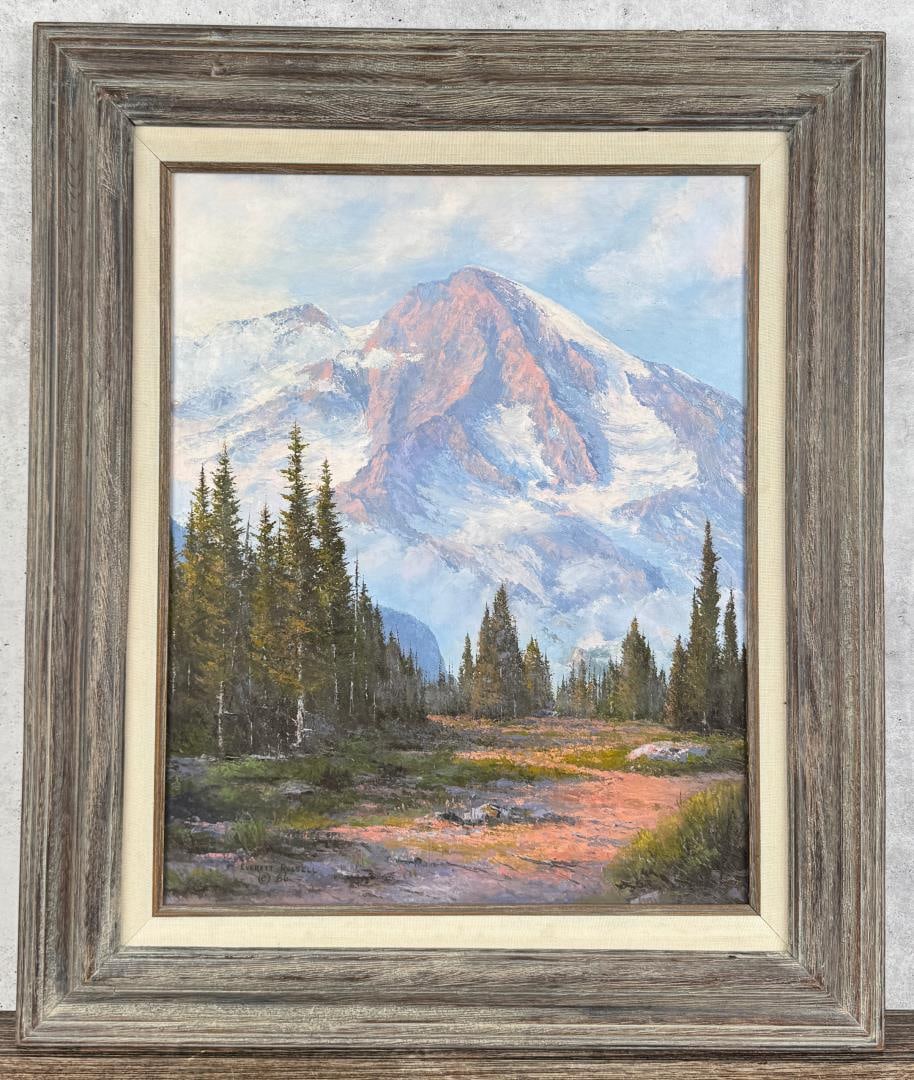 Everett Russell Mt Rainier from Big Creek Painting: Title is Mt. Rainier from Big Creek. 16" by 20" unframed. 23" by 27 1/4" framed. Oil on Canvas. Everett Russell (1934 - 2017) was active/lived in United States. Everett Russell was a self taught artis