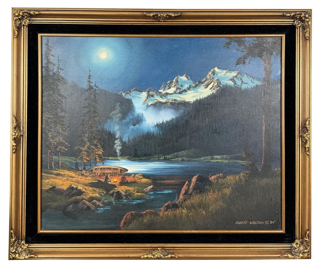 Robert Walton Mountain Lake Campfire Painting: Title is Mountain Lake Campfire. 24" by 30" unframed. 30 1/2" by 36 1/2" framed. Oil on Canvas. Robert Walton (1934 - 2019) was active/lived in Washington. Robert Walton is known for Mountain landscap