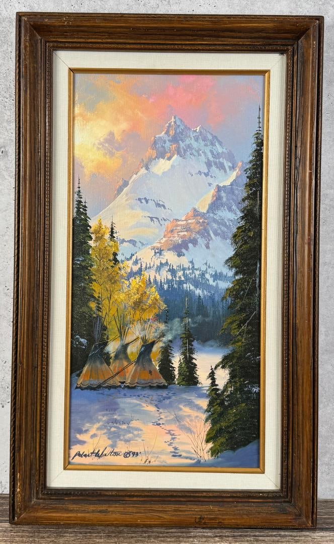 Robert Walton Indian Camp Painting: Title is Indian Camp. 10" by 20" unframed. 15" by 25" framed. Oil on Canvas. Robert Walton (1934 - 2019) was active/lived in Washington. Robert Walton is known for Mountain landscape paintings, murals