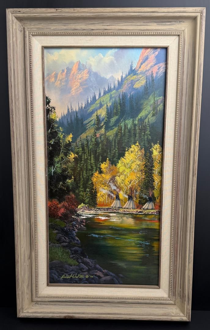 Robert Walton Indian Camp Painting: Title is Indian Camp. 12" by 24" unframed. 18 1/2" by 30 1/4" framed. Oil on Canvas. Robert Walton (1934 - 2019) was active/lived in Washington. Robert Walton is known for Mountain landscape paintings
