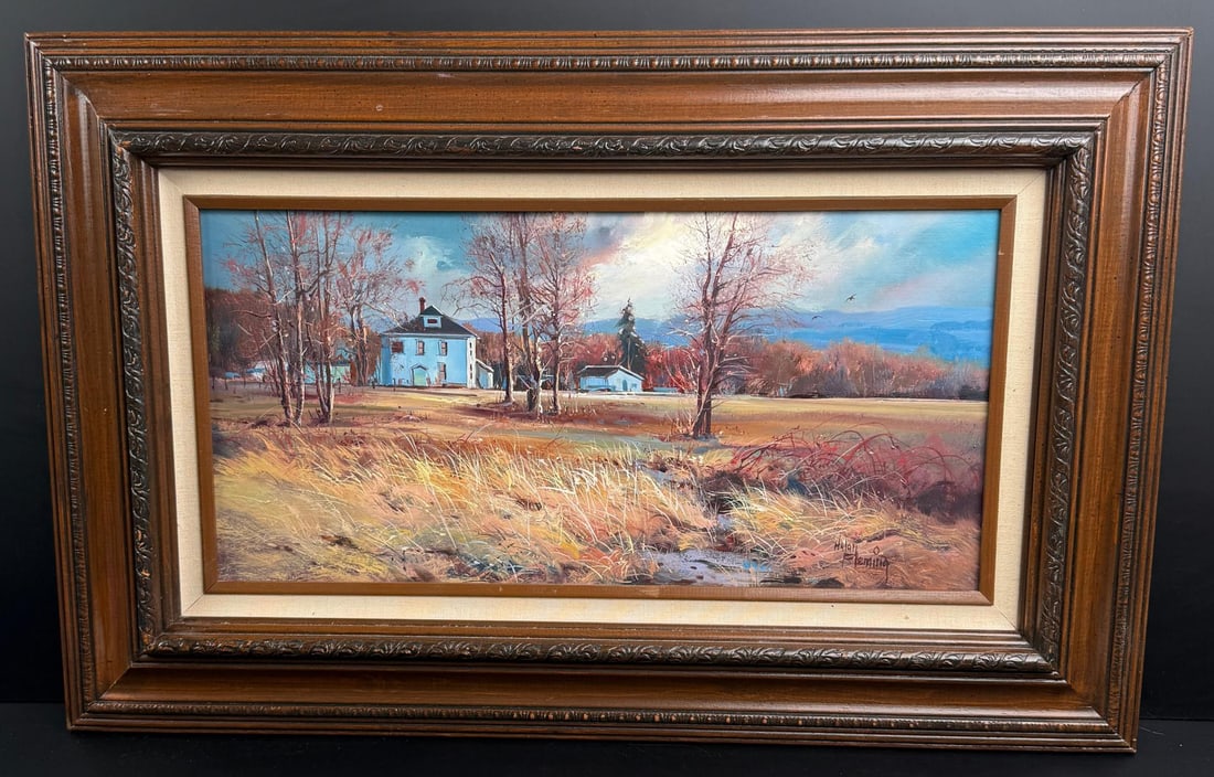 Hulan Fleming Autumn Farmhouse Painting: Title is Autumn Farmhouse. 10" by 20" unframed. 17 3/4" by 27 3/4" framed. Oil on Board. Hulan William Fleming (Born 1933) is active/lives in Washington, Florida, Iowa. Hulan Fleming is known for Lumi