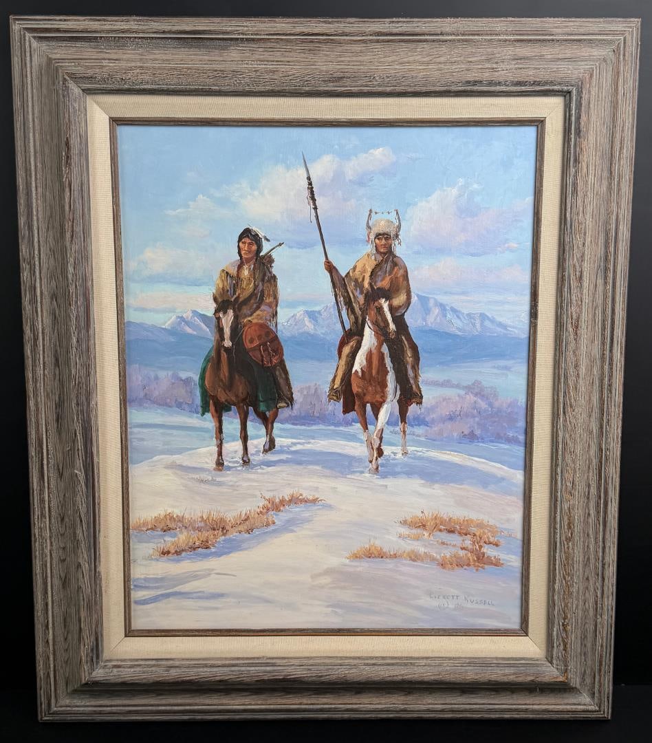 Everett Russell Winter Warriors Painting: Title is Winter Warriors. 16" by 20" unframed. 23" by 27 1/4" framed. Oil on Board. Everett Russell (1934 - 2017) was active/lived in United States. Everett Russell was a self taught artist using medi