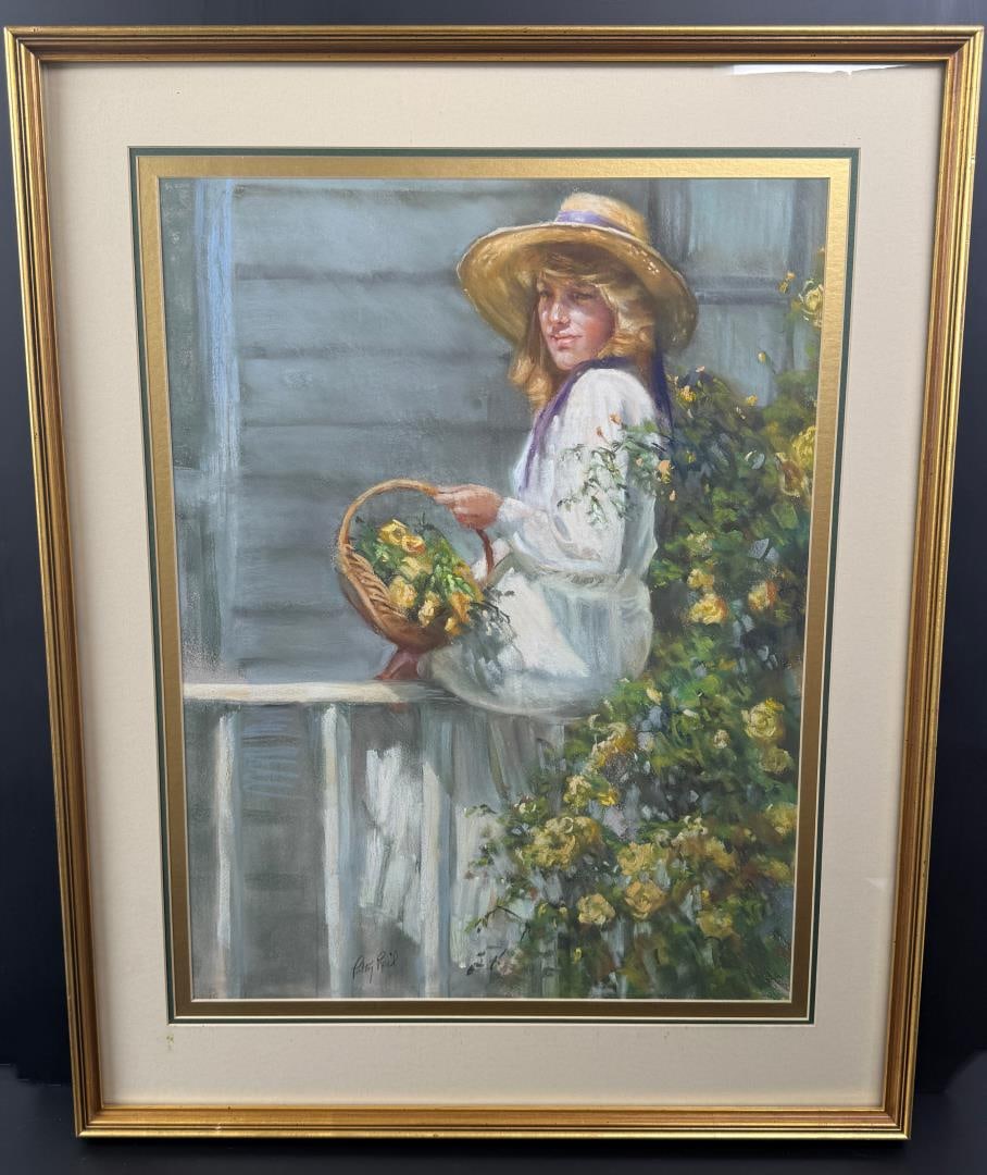 Patty Reid Flower Girl Pastel Drawing: Title is Flower Girl. 17" by 23" unframed. 24 3/4" by 30 3/4" framed. Pastel on Board. Patty Reid (20th century) was active/lived in United States. Patty Reid is known for Figure, landscape.