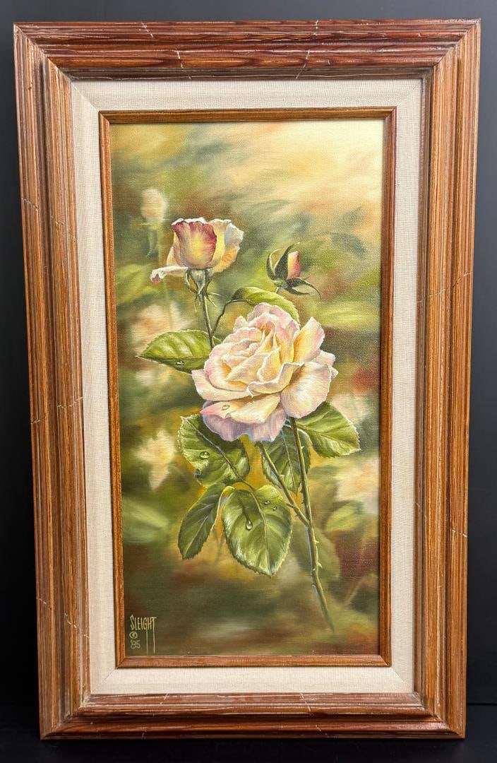 Judy Sleight Roses Painting: Title is Roses. 8" by 16" unframed. 12 3/4" by 20 3/4" framed. Oil on Canvas.