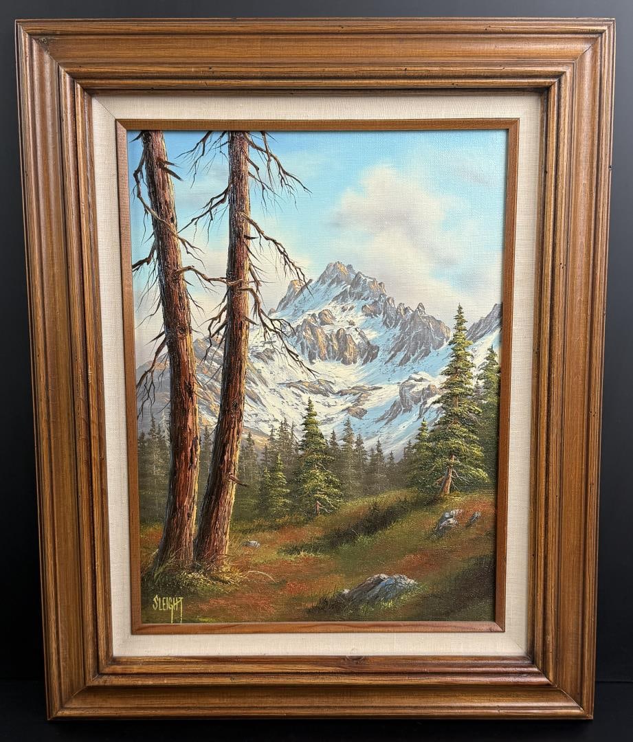 Judy Sleight Mountain Landscape Painting: Title is Mountain Landscape. 12" by 16" unframed. 17 5/8" by 21 5/8" framed. Oil on Canvas.