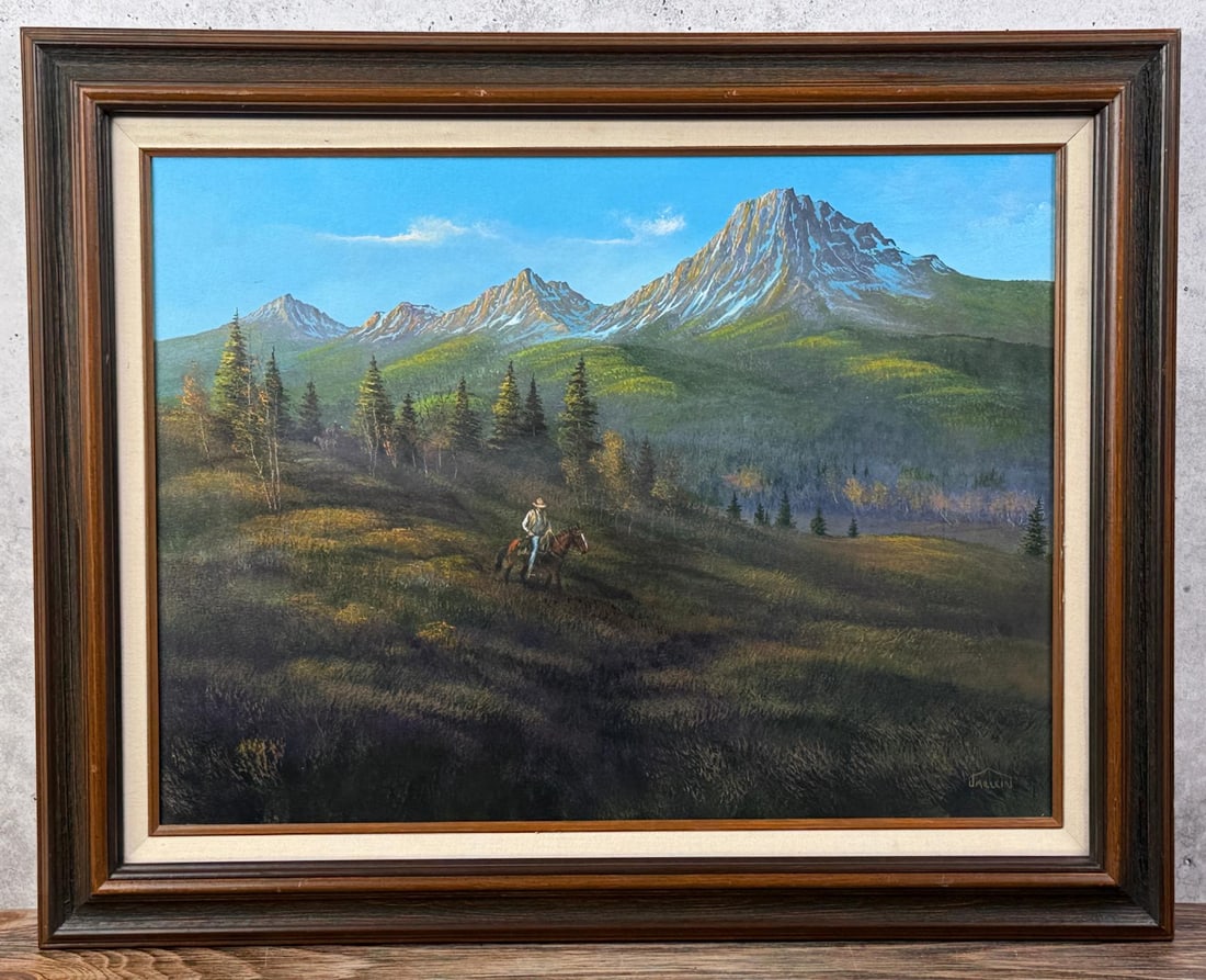 JD Mackin Range Rider Painting: Title is Range Rider. 18" by 24" unframed. 24" by 30" framed. Oil on Canvas. JD (Jerome Dimon) Mackin. 1922 Kalispell, Montana - 2001 Great Falls, Montana, Russell Auction room. Known for: Realist sty