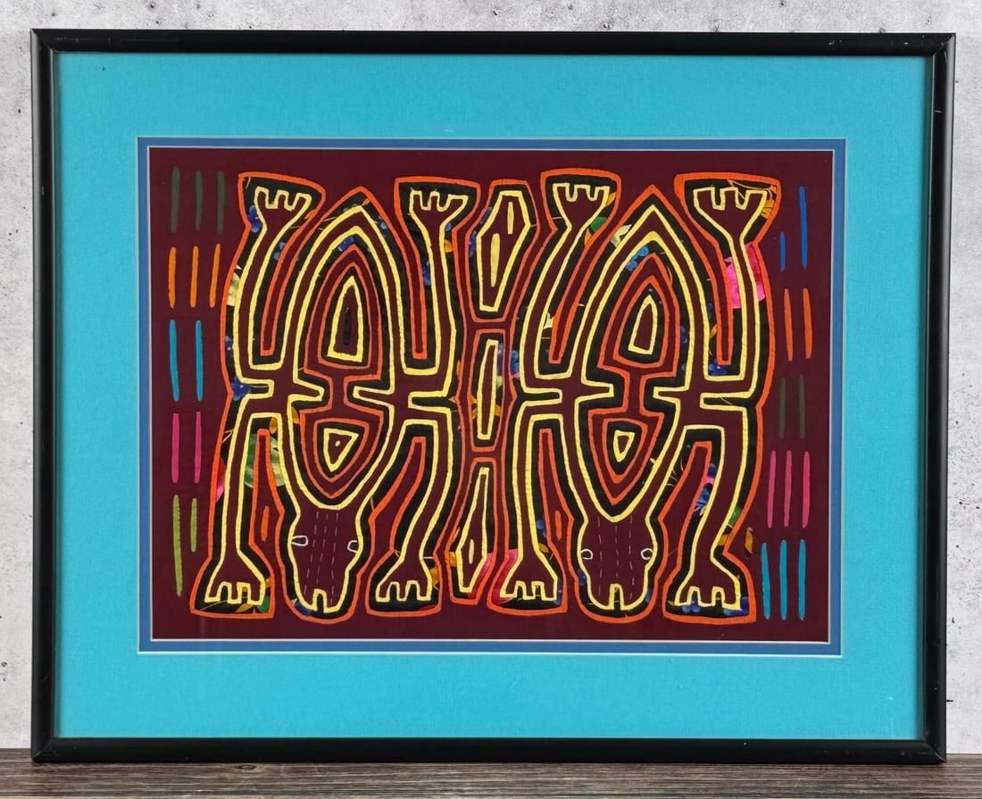 Panama Hand Stitched Kuna Mola Textile: 16 1/2" by 20 3/4" framed.