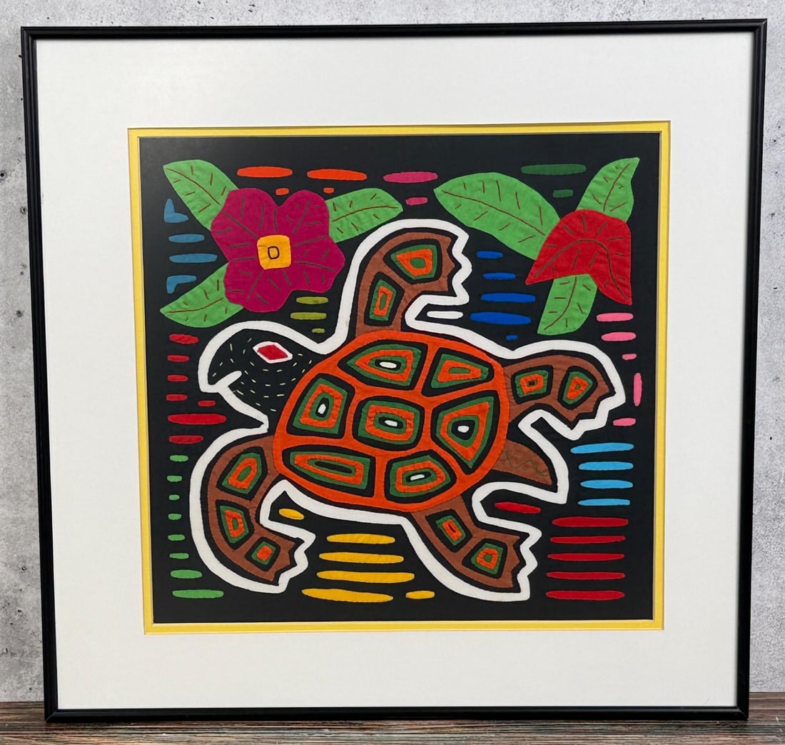 Panama Hand Stitched Kuna Mola Textile: 17 1/2" by 18" framed.