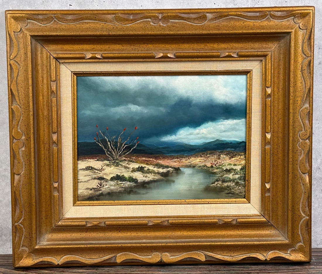 Judy Dy'ans Octillo Painting: Title is Octillo. 9" by 12" unframed, 17 1/2" by 20 1/2" framed. Oil on Board. Judy Dy'ans (20/21st century) is active/lives in Florida. Judy Dyans is known for Seascape painting. Born and raised in S
