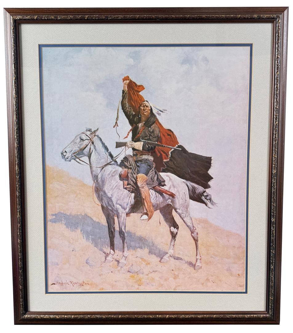 Frederic Remington The Blanket Signal: Lithograph is 26 1/2" by 30 1/2" framed.