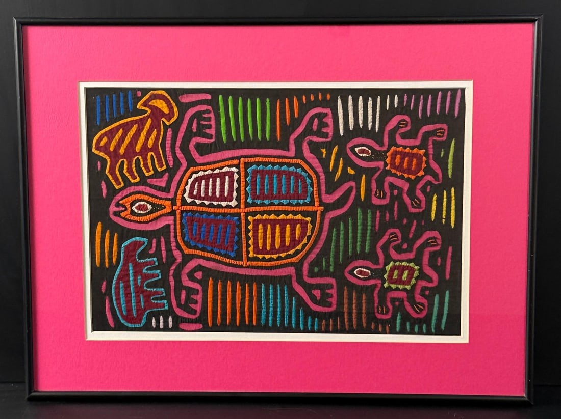 Panama Hand Stitched Kuna Mola Textile: 14 1/2" by 19 1/4" framed.