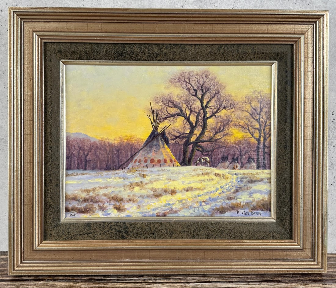 Randy Van Beek Shoshoni Winter Camp Painting: Title is Shoshoni Winter Camp. 9" by 12" Unframed. 14" by 17" Framed. Oil on board. Randy Van Beek (Born 1958) is active/lives in Washington. Randy Van Beek is known for Western landscape painting-Ind