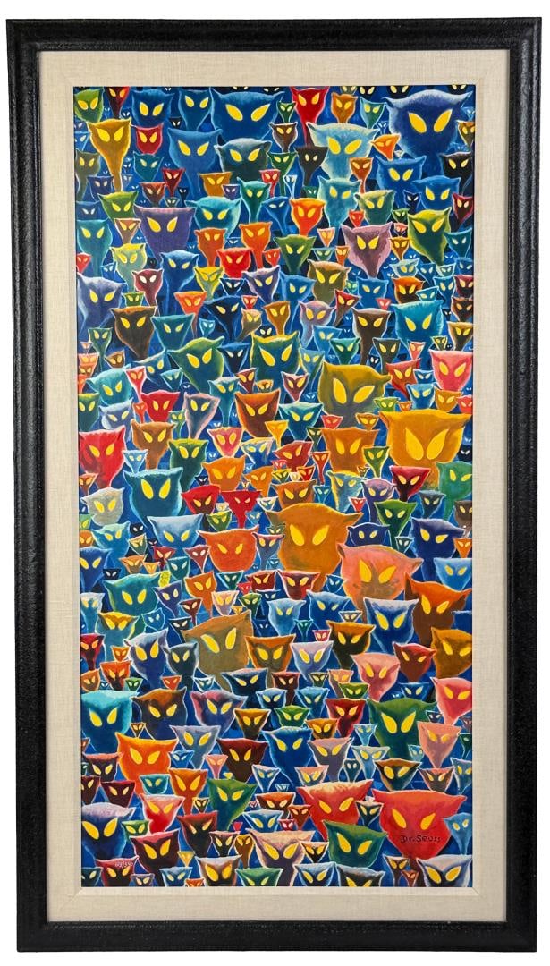 Dr Seuss A Plethora of Cats Serigraph: Theodor Geisel. Title is A Plethora of Cats. Measures 26" by 48" unframed. Measures 28 1/2" by 50 1/2" framed. Serigraph print numbered 108/350. Comes with original COA. This edition was produced in 1