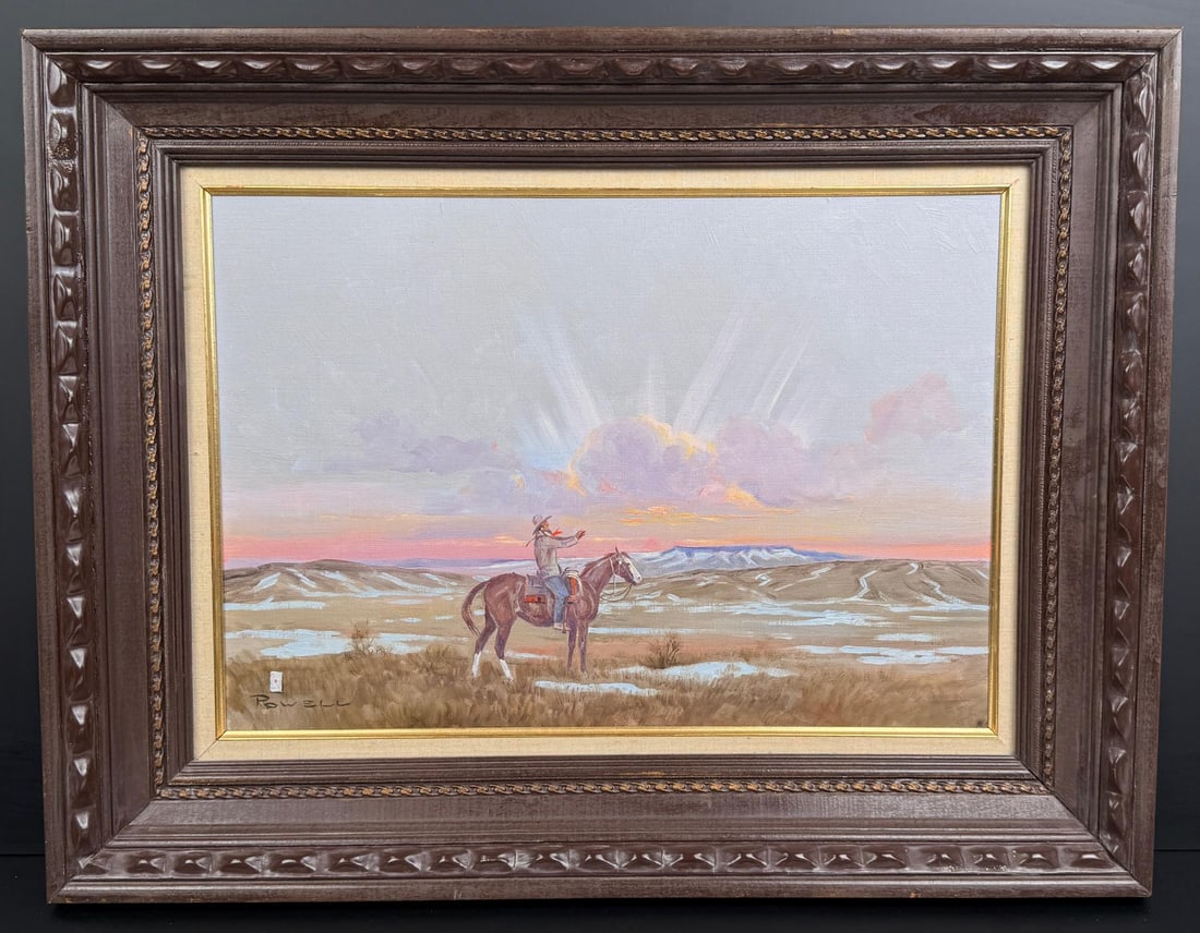 Ace Powell Reservation Sunrise Painting: Title is Reservation Sunrise. 14" by 20" unframed. 21" by 27" framed. Oil on canvas. Ace (Asa Lynn) Powell (1912 - 1978) was active/lived in Montana, New Mexico. Ace Powell is known for Cowboy genre a