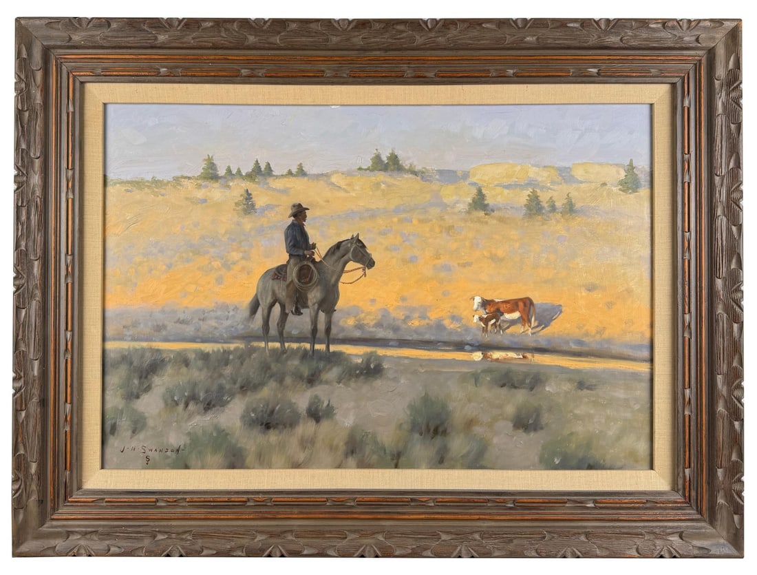 Jack Swanson New Calf Painting: Title is New Calf 1969. 20" by 30" unframed. 28 1/2" by 39" framed. Oil on board. Realist and traditional painter and sculptor of the West, Jack was born in Duluth, Minnesota in 1927 and has lived in 