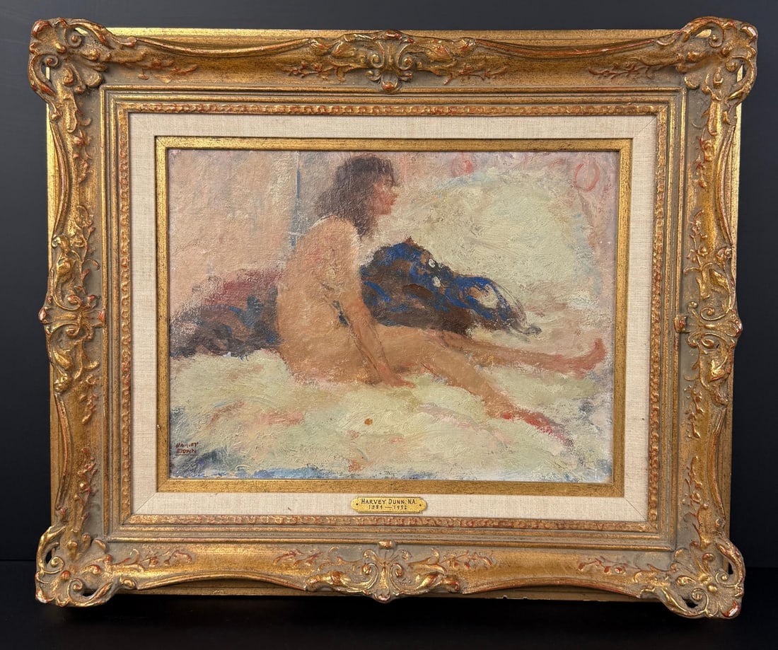 Harvey Dunn Seated Nude Painting: Title is Seated Nude. 12" by 16" unframed. 19 1/2" by 23 1/2" framed. Oil on Board Provenance: The Artist. Nan Greacen Faure (1909-1999), Florida, c. 1939, gift from the above. Cornell Norby Fine Art,