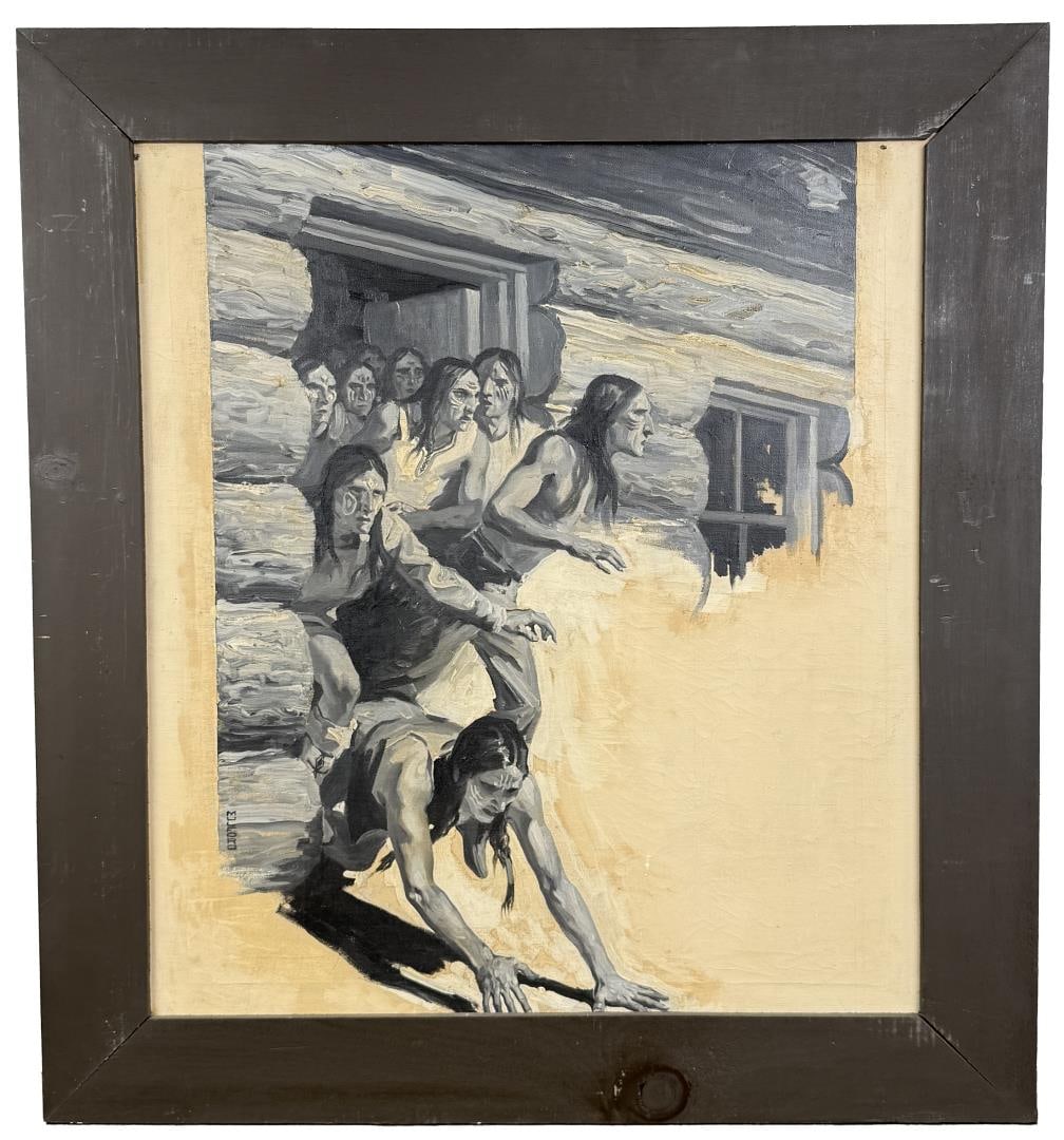 Stockton Mulford Faster and Faster Painting: Title is Faster and faster until they all but fought one another to get out. 27" by 30" unframed, 33" by 36" framed. Oil on canvas. Original Illustration for Literature: Jay Willard Schultz, "Warring 