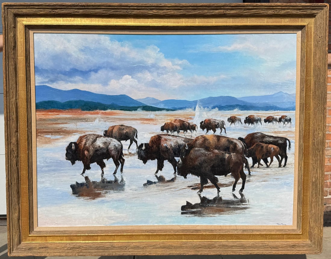 Tara Moore Yellowstone Park Buffalo Painting: Title is Yellowstone Park Buffalo. 36" by 48" unframed. 46" by 58" framed. Oil on Canvas. Tara Moore (Born 1950) is active/lives in Maryland. Tara Moore is known for Wildlife and waterfowl painting. T