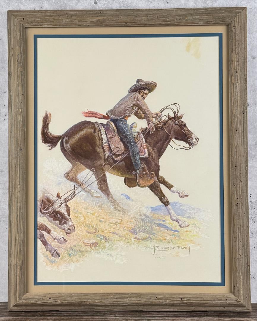 Robert Farrington Elwell Roping a Steer Pastel: Title is Roping a Steer. 14" by 19" unframed. 18 3/4" by 23 1/2" framed. Pastel on Paper. Robert Elwell. 1874 Boston, Massachusetts - 1962 Phoenix, Arizona. Known for: Cowboy genre painting, illustrat
