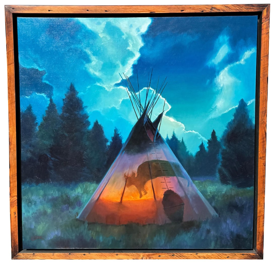 Colt Idol Owl Light Painting: Title is Owl Light. 40" by 40" unframed. 44" by 44" framed. Oil on Canvas. Colt R. Idol (Born 1992) is active/lives in Montana. Colt Idol is known for Luminous wild animal, landscape, Indians and bird