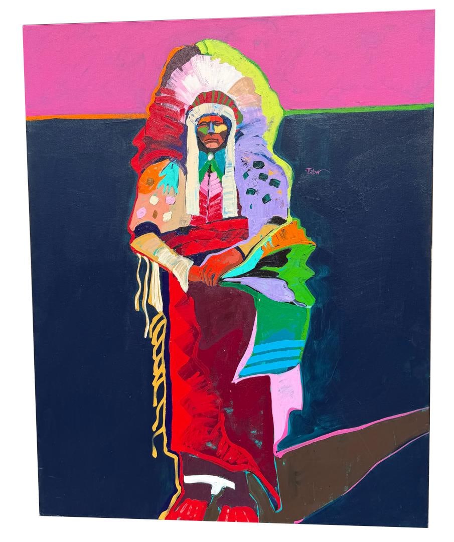 Malcolm Furlow Lord of the Dawn Painting: Title is Lord of the Dawn (Quannah Parker). 46" by 58" unframed. Acrylic on Canvas. Malcolm Furlow (1946 - 2023) was active/lived in Wyoming, New Mexico. Malcolm Furlow is known for Abstract western p