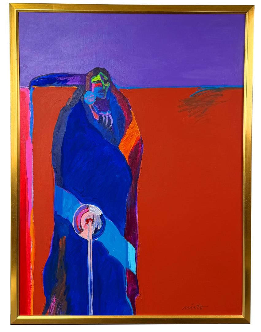 John Nieto Indian Shrouded in Blanket Painting: Title is Indian Shrouded in Blanket. 30" by 40" unframed. 32" by 42" framed. Acrylic on Canvas. Provenance: Tierney Fine Art Bozeman Montana. John W. Nieto (1936 - 2018) was active/lived in Texas, New