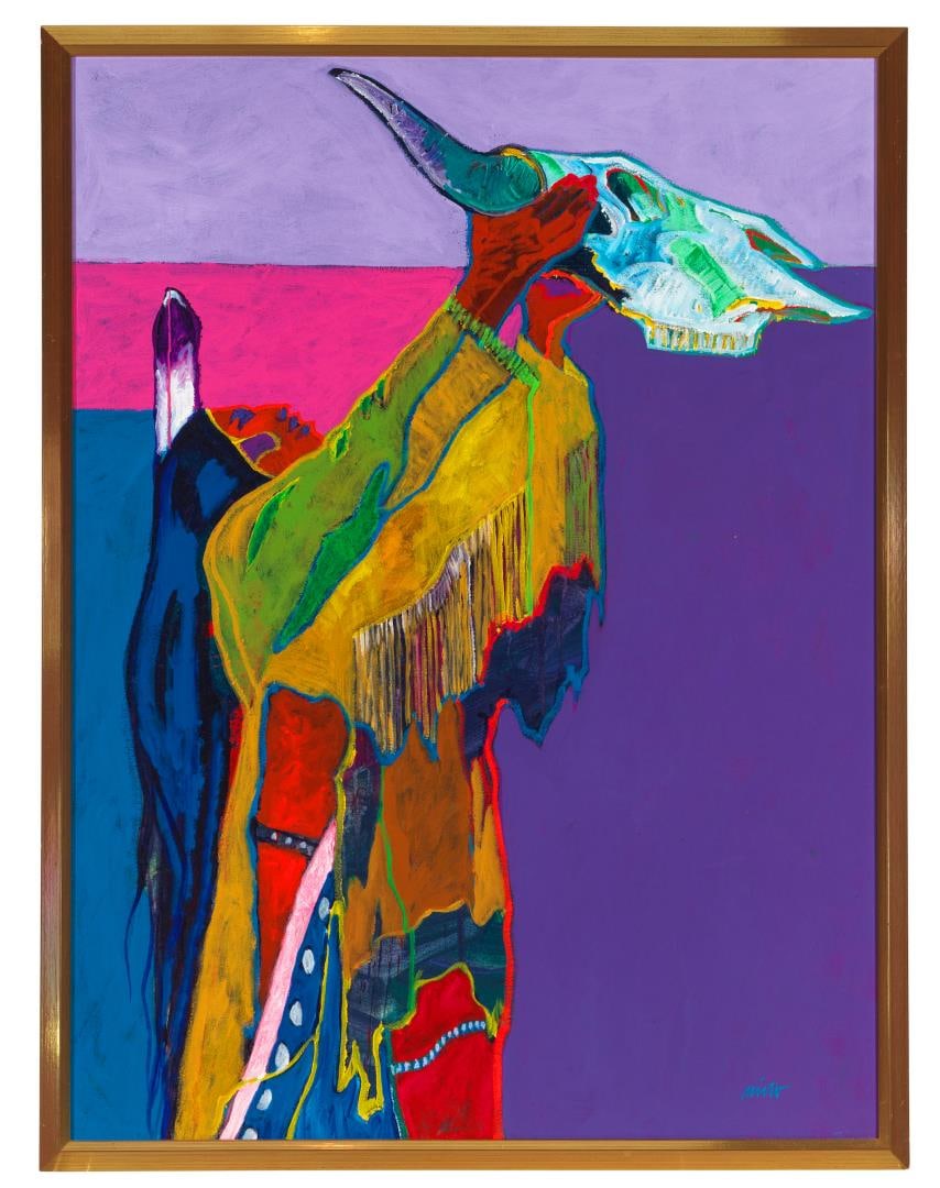 John Nieto Prayer for Return of Buffalo Painting: Title is Prayer for the Return of the Buffalo. 30" by 40" unframed. 31 1/2" by 41 1/2" framed. Acrylic on Canvas. Provenance: From the Private Collection of John E. Lawler John W. Nieto (1936 - 2018) 