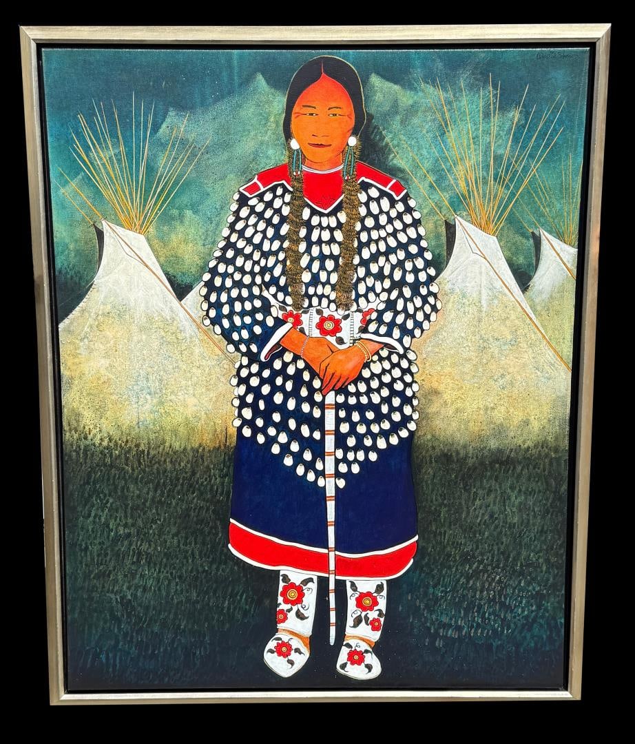 Kevin Red Star Crow Indian Little Turnip Painting: Title is Crow Indian Grandmother Little Turnip. 48" by 60" unframed. 52" by 64" framed. Acrylic on Canvas. Kevin Red Star (Born 1943) is active/lives in Montana, New Mexico. Kevin Red Star is known fo