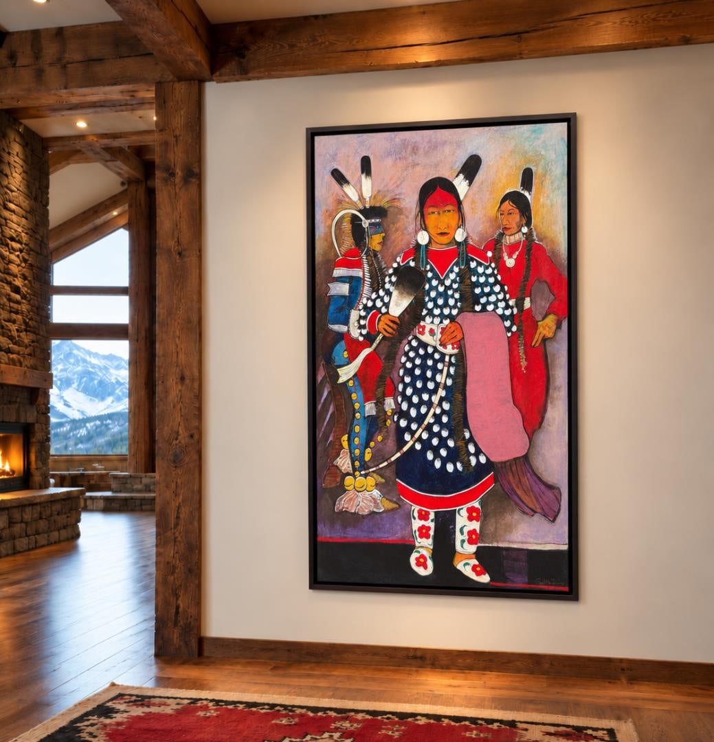 Kevin Red Star Crow Apsalooka Dancers Painting: Title is Apsalooka Dancers on the Northern Plains of Montana. 36" by 60" unframed. 37 1/2" by 61 1/2" framed. Acrylic on Canvas. Kevin Red Star (Born 1943) is active/lives in Montana, New Mexico. Kevi