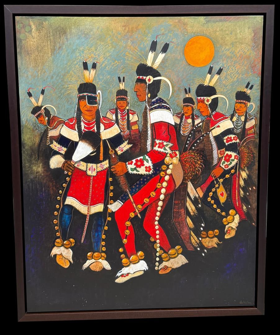 Kevin Red Star Arrow Creek Valley Dancers Painting: Title is Arrow Creek Valley War Dancers. 48" by 60" unframed. 52" by 64" framed. Acrylic on Canvas. Kevin Red Star (Born 1943) is active/lives in Montana, New Mexico. Kevin Red Star is known for Mod I