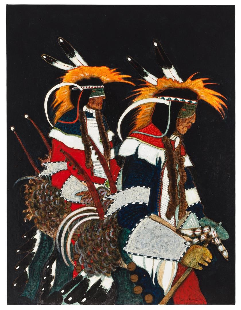 Kevin Red Star Crow Straight Dancers Painting: Title is Crow Indian Straight Dancers. 32" by 42" unframed. Acrylic on Canvas. Kevin Red Star (Born 1943) is active/lives in Montana, New Mexico. Kevin Red Star is known for Mod Indian figure-motif, c
