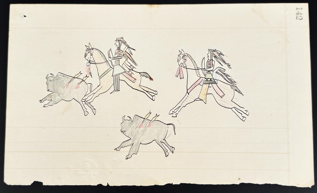 Plains Native American Indian Ledger Art Drawing: Title is Buffalo Hunt. 7 1/4" by 12 1/4". First Half of the 20th Century.