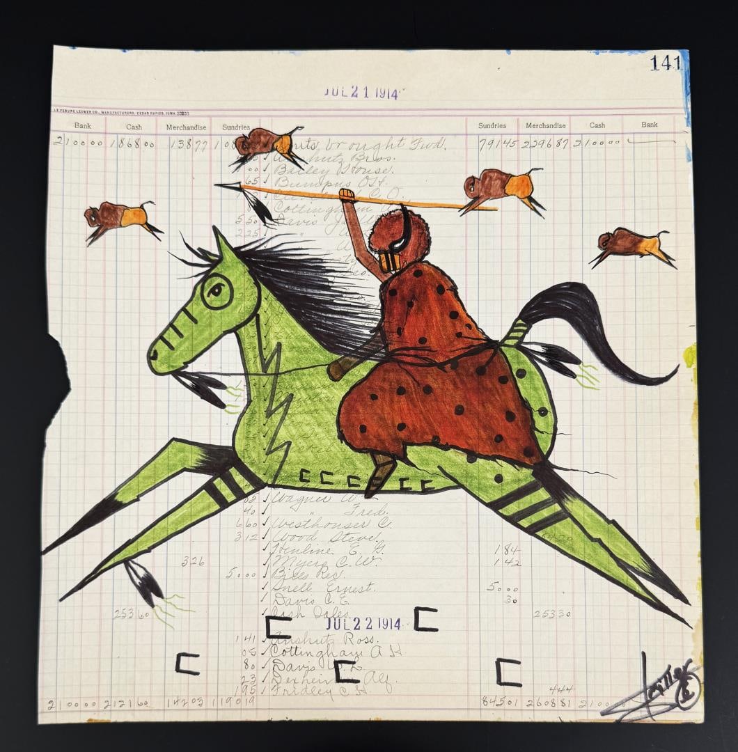 Kenny Miller Crow Creek Ledger Art Painting: Title is The Buffalo Robe. 11 1/4" by 11 7/8". Kenny Miller, a talented Native American artist and member of the Yankton Sioux Tribe, who currently resides in Mitchell, SD. His stunning artwork, inspi