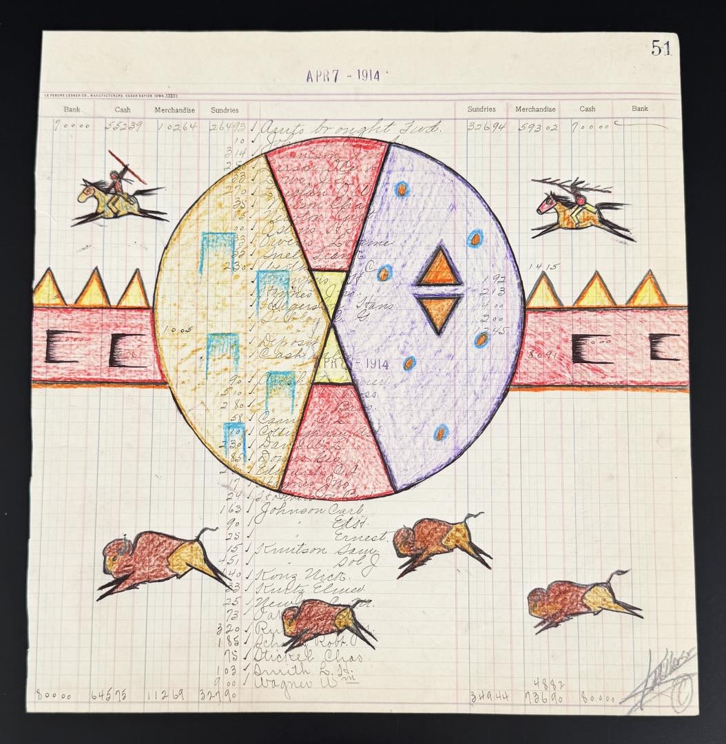 Kenny Miller Crow Creek Ledger Art Painting: Title is Painted War Shield. 11 1/4" by 11 7/8". Kenny Miller, a talented Native American artist and member of the Yankton Sioux Tribe, who currently resides in Mitchell, SD. His stunning artwork, ins