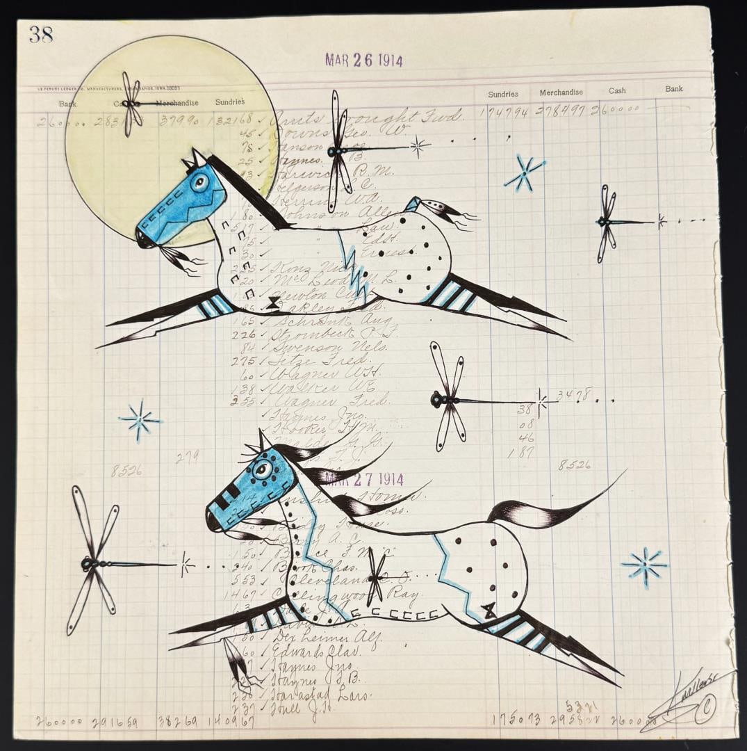 Kenny Miller Crow Creek Ledger Art Painting: Title is Painted Ponies. 11 1/4" by 11 7/8". Kenny Miller, a talented Native American artist and member of the Yankton Sioux Tribe, who currently resides in Mitchell, SD. His stunning artwork, inspire