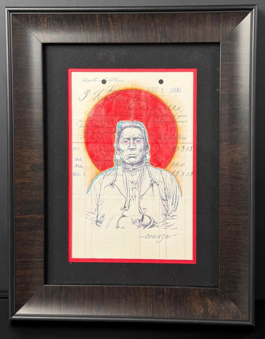 Lyle Omeasoo Blackfeet Montana Ledger Painting: Title is Two Guns White Calf. 10 1/2" by 13 1/4" framed. Lyle Omeasoo, was born on the Blackfeet Reservation in Montana. He is of the Blackfeet and Cree tribes. His children inspire him to paint and t