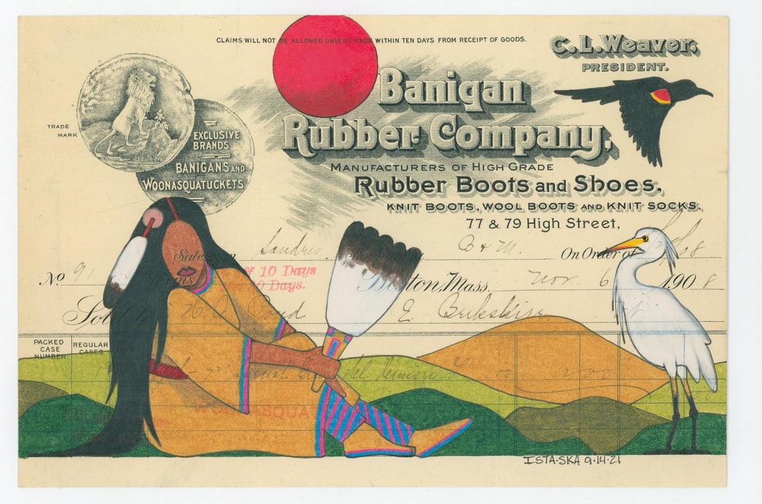 Travis Blackbird Lakota Indian Ledger Art Painting: Title is Summer on the Plains. 5 1/2" by 8 1/4". Travis Blackbird (1975 - Present) is Oglala Lakota from his mother's side and Omaha. He engages in a number of art forms and has become particularly we