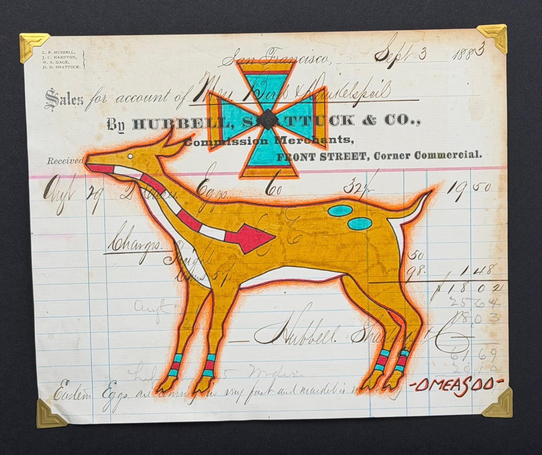 Lyle Omeasoo Blackfeet Montana Ledger Painting: Title is Yellow Deer. Measures 6 3/4" by 8 3/8". Lyle Omeasoo, was born on the Blackfeet Reservation in Montana. He is of the Blackfeet and Cree tribes. His children inspire him to paint and to be a g