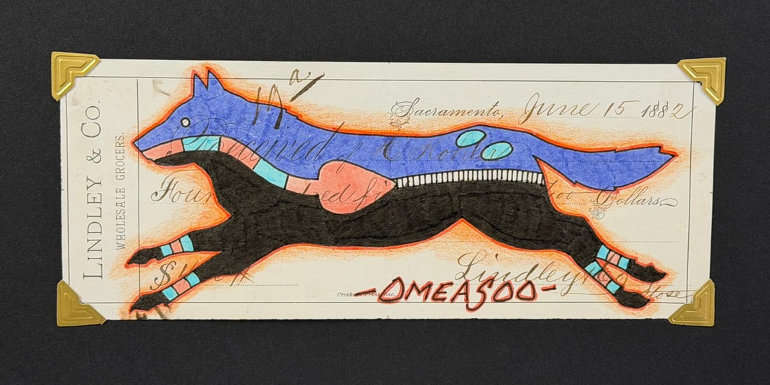 Lyle Omeasoo Blackfeet Montana Ledger Painting: Title is Blue Wolf. Measures 3" by 7 1/2". Lyle Omeasoo, was born on the Blackfeet Reservation in Montana. He is of the Blackfeet and Cree tribes. His children inspire him to paint and to be a good ro