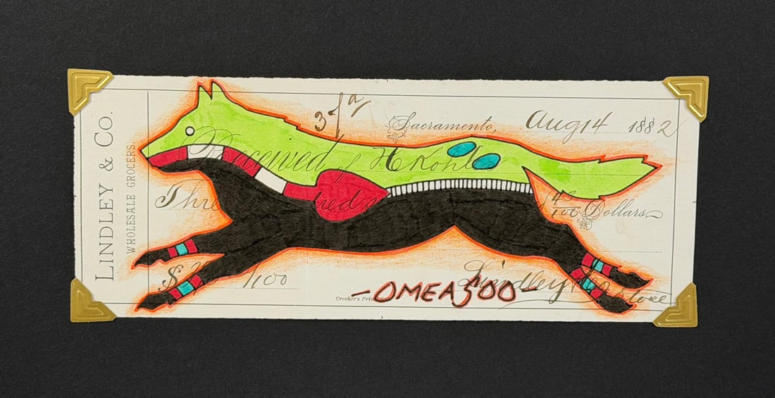 Lyle Omeasoo Blackfeet Montana Ledger Painting: Title is Green Wolf. Measures 3" by 7 1/2". Lyle Omeasoo, was born on the Blackfeet Reservation in Montana. He is of the Blackfeet and Cree tribes. His children inspire him to paint and to be a good r