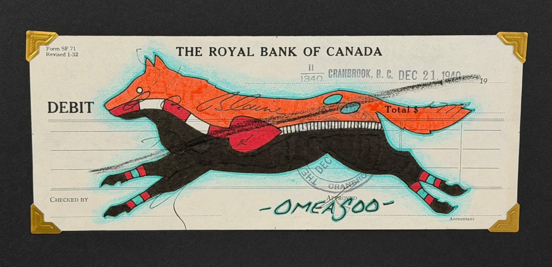 Lyle Omeasoo Blackfeet Montana Ledger Painting: Title is Orange Wolf. Measures 3 3/8" by 8 1/4". Lyle Omeasoo, was born on the Blackfeet Reservation in Montana. He is of the Blackfeet and Cree tribes. His children inspire him to paint and to be a g